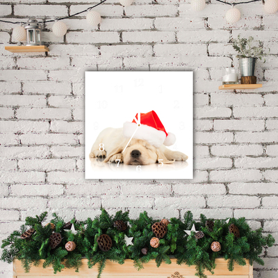Glass Wall Clock Puppy Santa Hat Winter