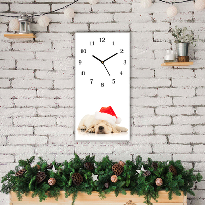 Glass Wall Clock Puppy Santa Hat Winter