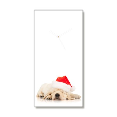 Glass Wall Clock Puppy Santa Hat Winter
