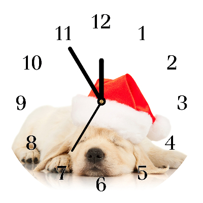 Glass Wall Clock Puppy Santa Hat Winter