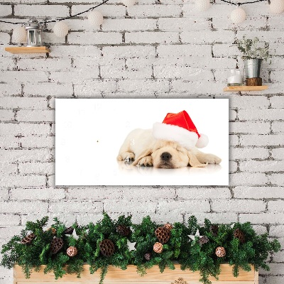 Glass Wall Clock Puppy Santa Hat Winter