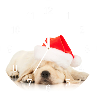 Glass Wall Clock Puppy Santa Hat Winter