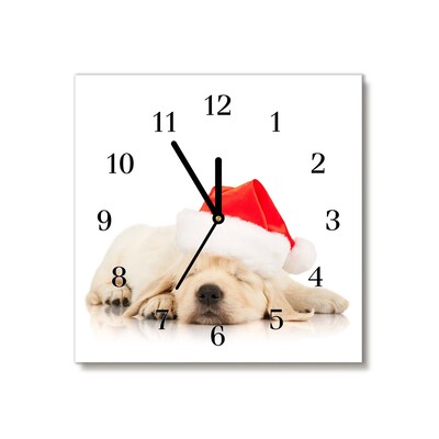 Glass Wall Clock Puppy Santa Hat Winter