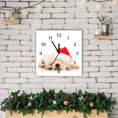 Glass Wall Clock Puppy Santa Hat Winter