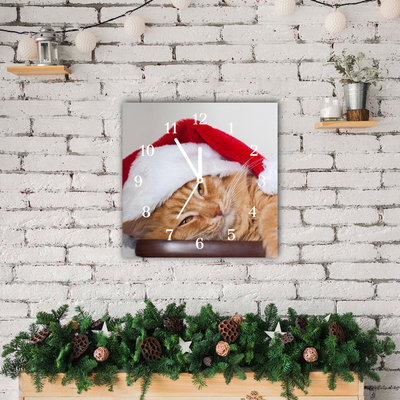 Glass Kitchen Clock Cat Santa Hat Christmas