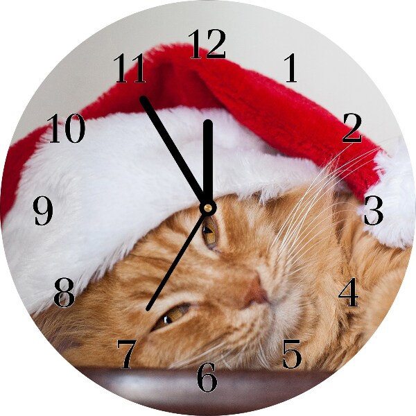 Glass Kitchen Clock Cat Santa Hat Christmas