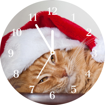 Glass Kitchen Clock Cat Santa Hat Christmas