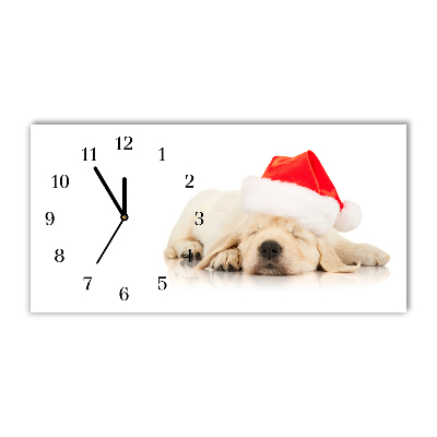 Glass Wall Clock Horizontal Puppy Santa Hat Winter