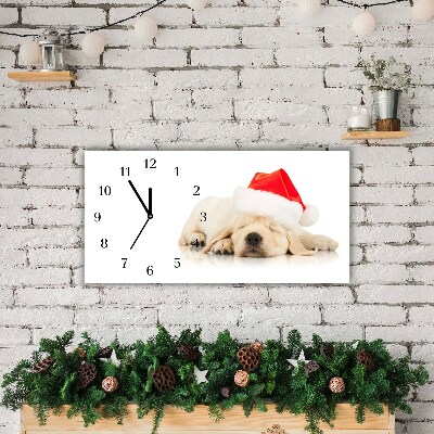 Glass Wall Clock Horizontal Puppy Santa Hat Winter