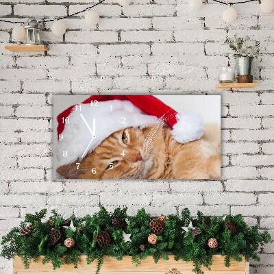 Glass Kitchen Clock Horizontal Cat Santa Hat Christmas