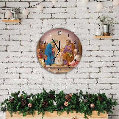 Glass Wall Clock Round Stable Christmas Jesus