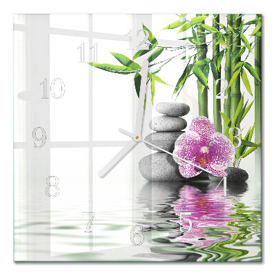 Glass wall clock square Stones and orchid