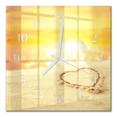 Glass wall clock square Heart in the sand