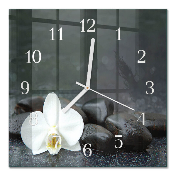 Glass wall clock square Flower and stones