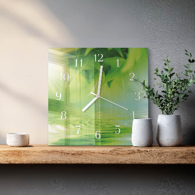 Glass clock square Leaves
