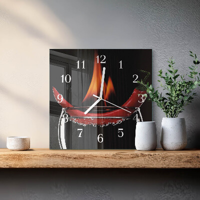 Glass wall clock square Fiery chili