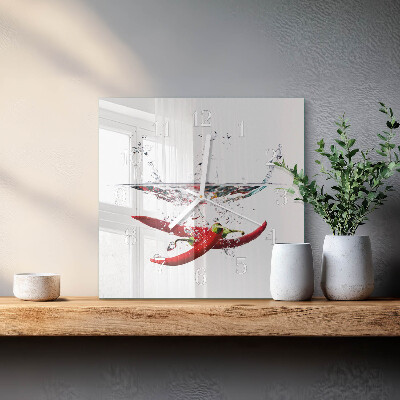Glass clock square Chili peppers