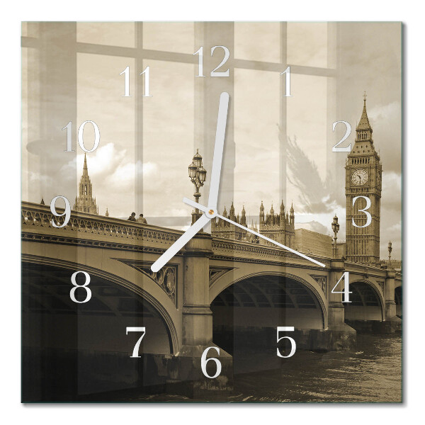 Glass wall clock square Bridge in sepia