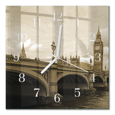 Glass wall clock square Bridge in sepia
