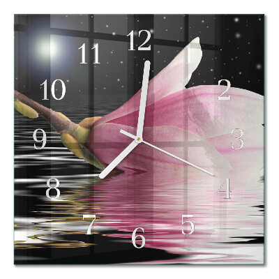Glass clock square Magnolia flower