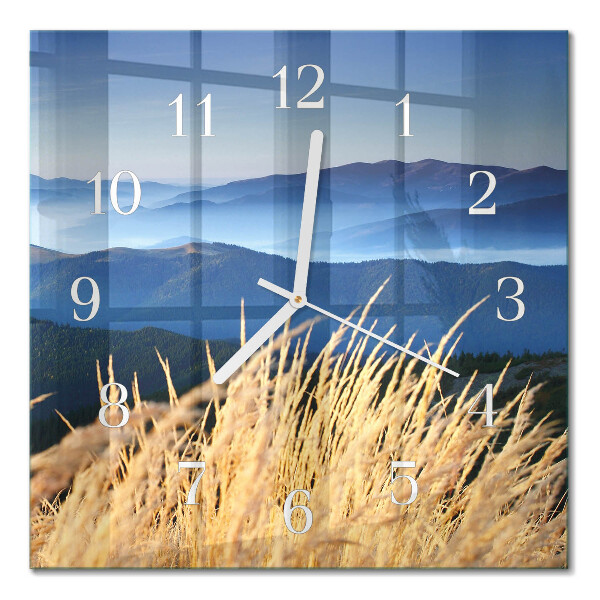 Glass wall clock square Mountains of grass