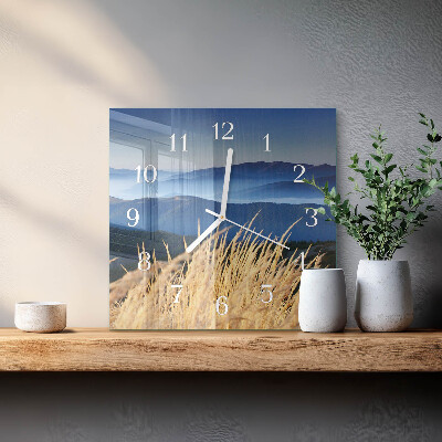 Glass wall clock square Mountains of grass