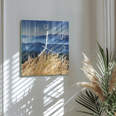 Glass wall clock square Mountains of grass