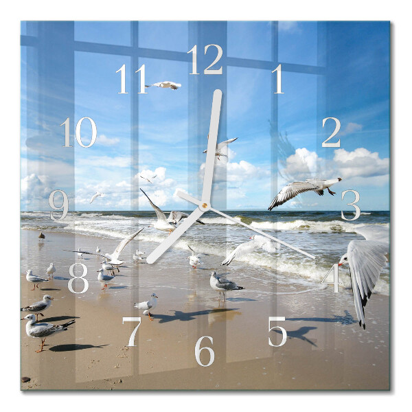 Glass wall clock square Seagulls on the beach