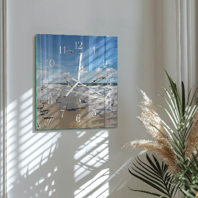 Glass wall clock square Seagulls on the beach