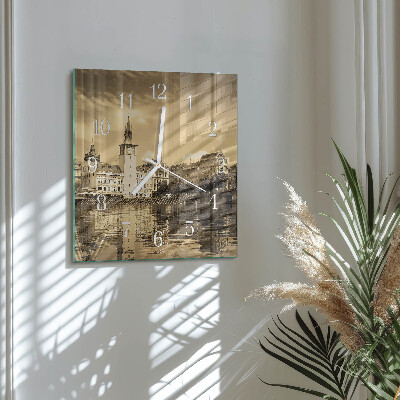 Glass clock square Castle in sepia