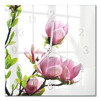 Glass clock square Magnolia flower