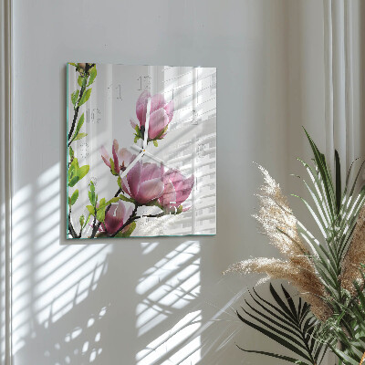 Glass clock square Magnolia flower