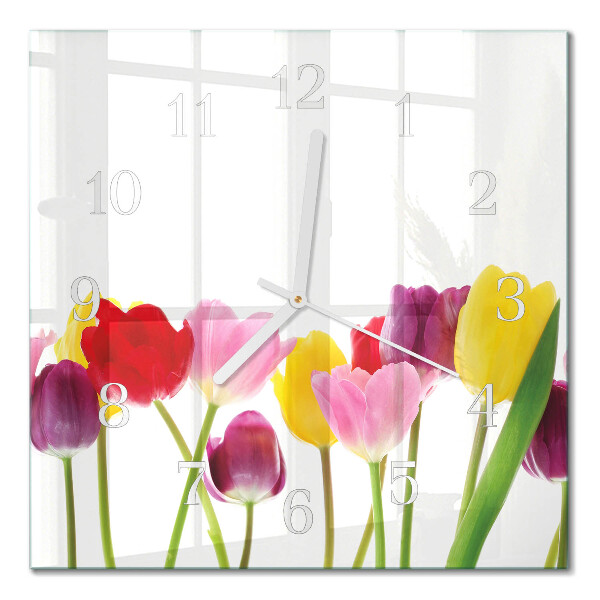 Square wall clock Colorful tulips