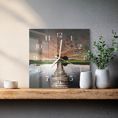 Glass wall clock square Bridge in the meadow