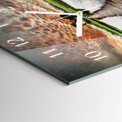 Glass wall clock square Bridge in the meadow