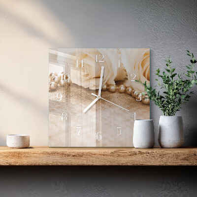 Glass clock square Vintage roses in sepia
