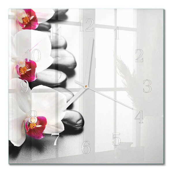 Glass wall clock square Stones and orchid