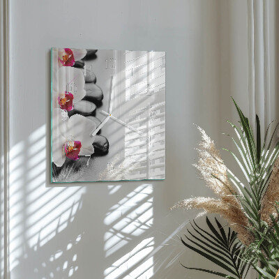 Glass wall clock square Stones and orchid