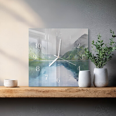 Glass wall clock square Mountain lake