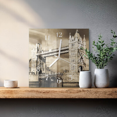 Glass wall clock square London bridge in sepia