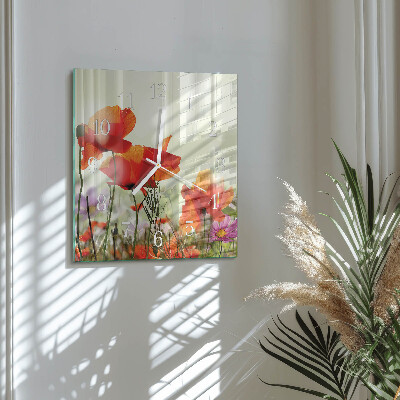 Glass clock square Poppies