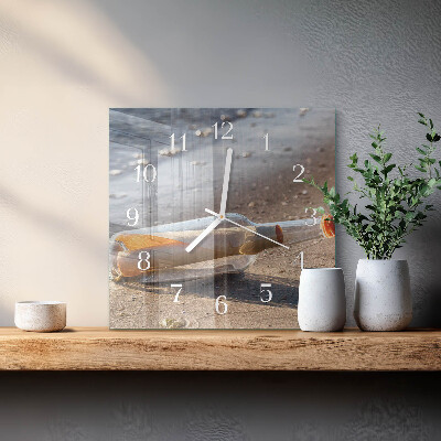 Glass wall clock square Message in a bottle