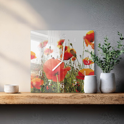 Glass wall clock square Poppies