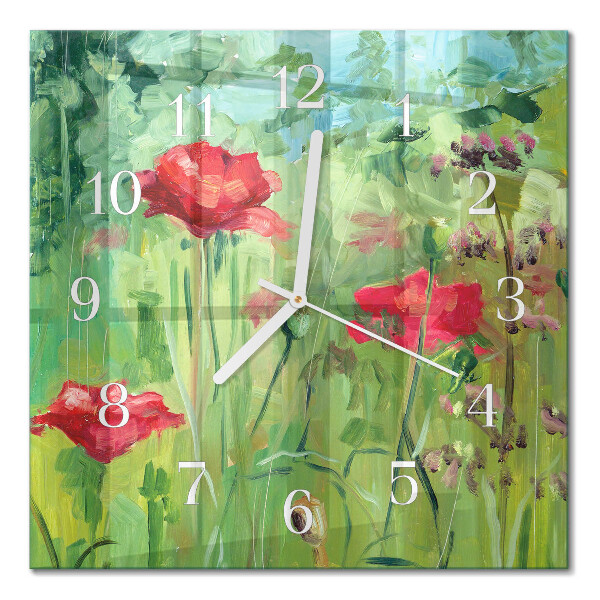 Glass wall clock square Poppies