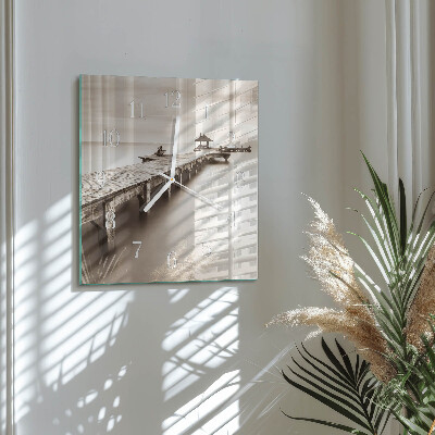 Glass wall clock square Wooden bridge