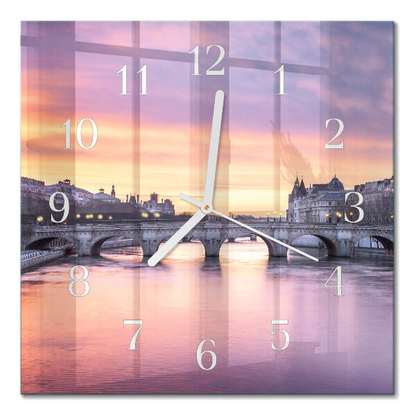 Glass wall clock square A city on the river