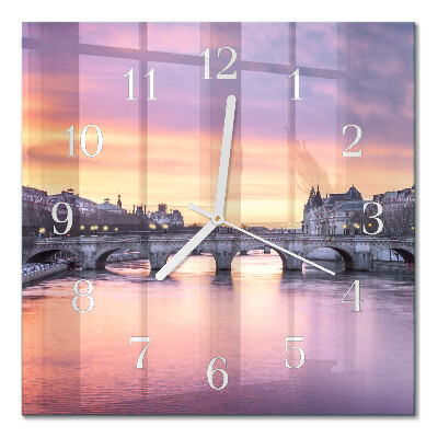 Glass wall clock square A city on the river