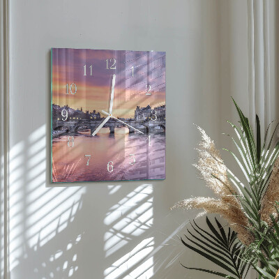 Glass wall clock square A city on the river