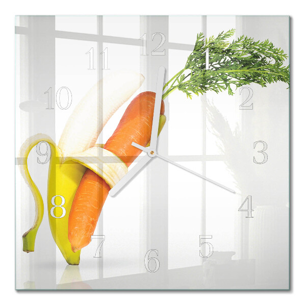 Glass clock square Carrots and bananas