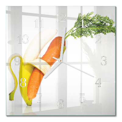 Glass clock square Carrots and bananas
